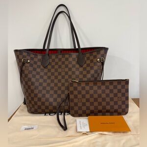Authentic Louis Vuitton Damier Ebene Neverfull MM Tote W/Pouch